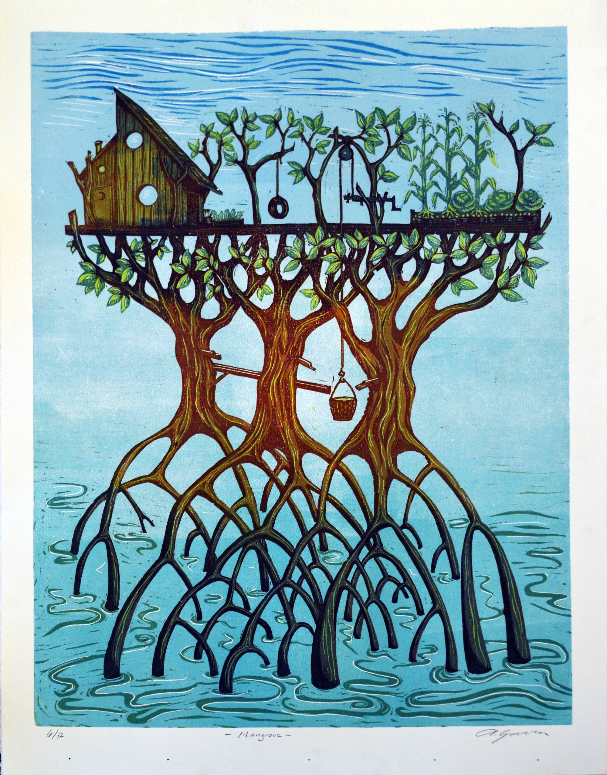 Colored print of a house in mangroves.